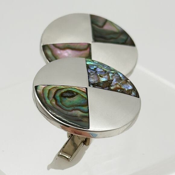 Taxco Sterling Silver Abalone Cufflinks Inlayed Mother of Pearl Round Vintage - Picture 10 of 13